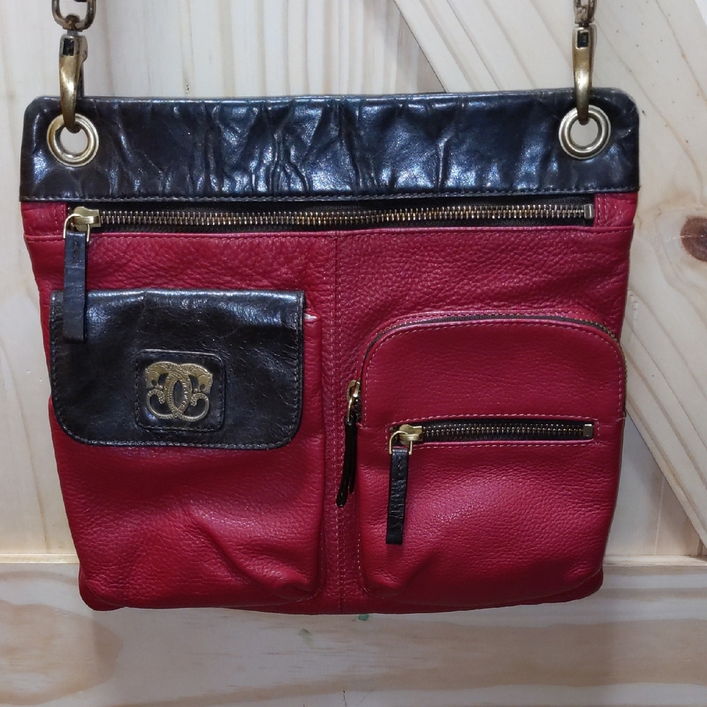 Americana By Sharif Red Pebbled & Brown Leather Crossbody